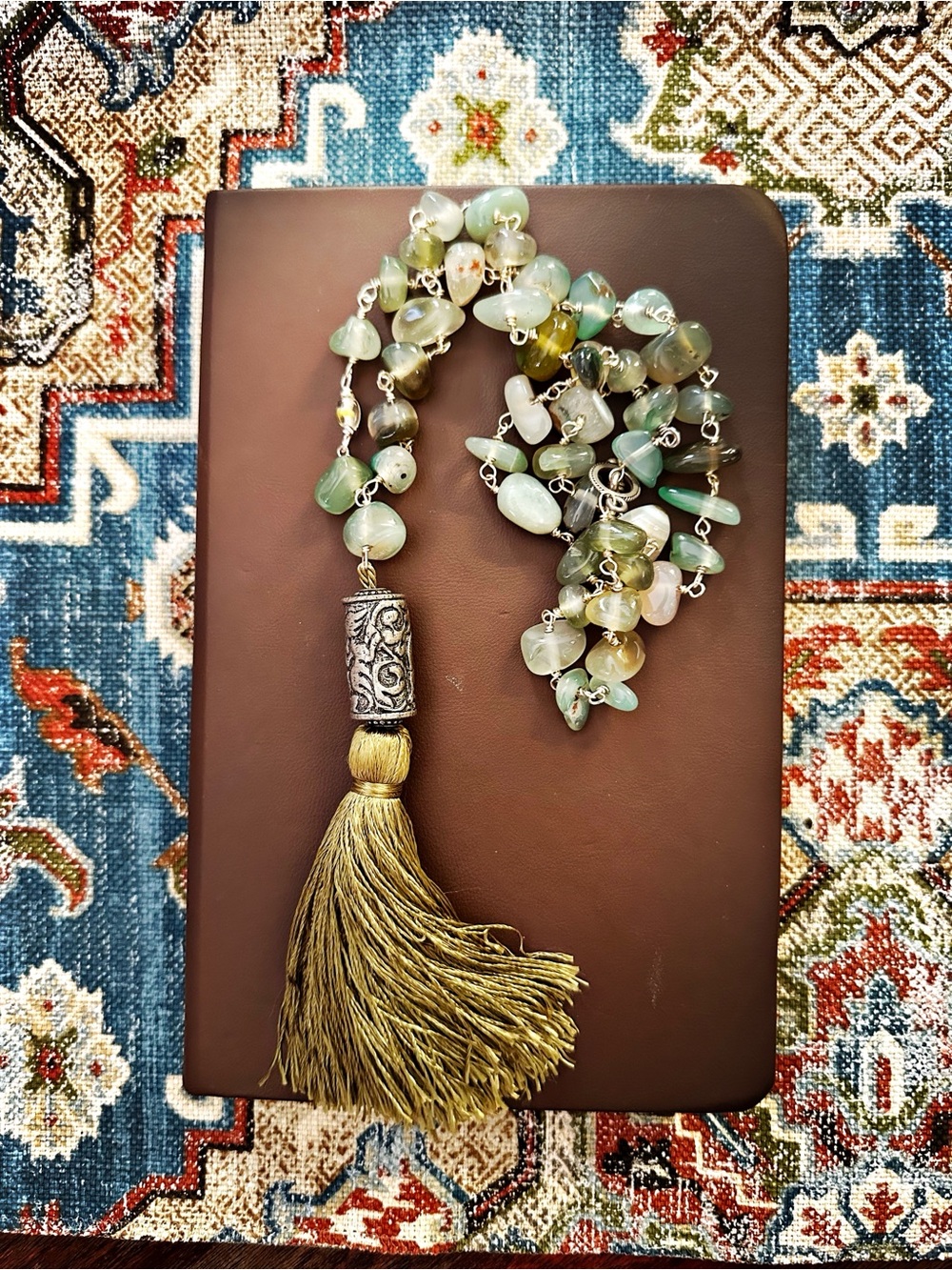 Vintage Statement Tourmaline nugget Necklace with moss green tassel